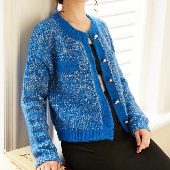 . Sweaters - Blue Casual Womens Knit Mix Marled Knit Drop Shoulder Cardigan